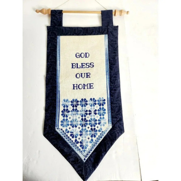 Embroidered Wall Hanging God Bless Our Home Completed Blue & Ivory With … - Picture 1 of 5